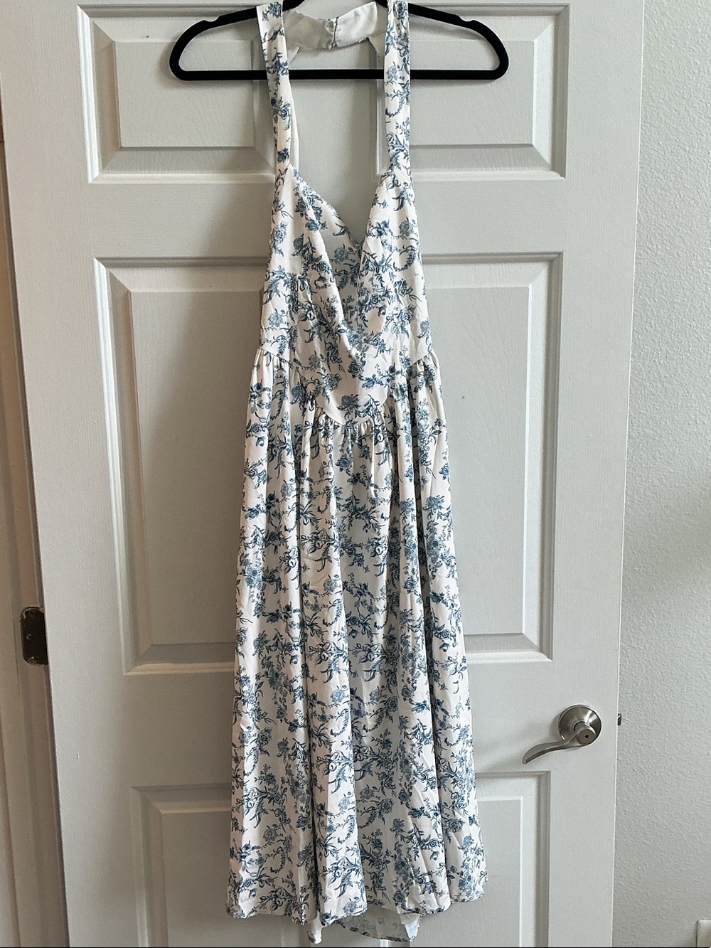 White Halter Midi Dress with Blue Floral Print